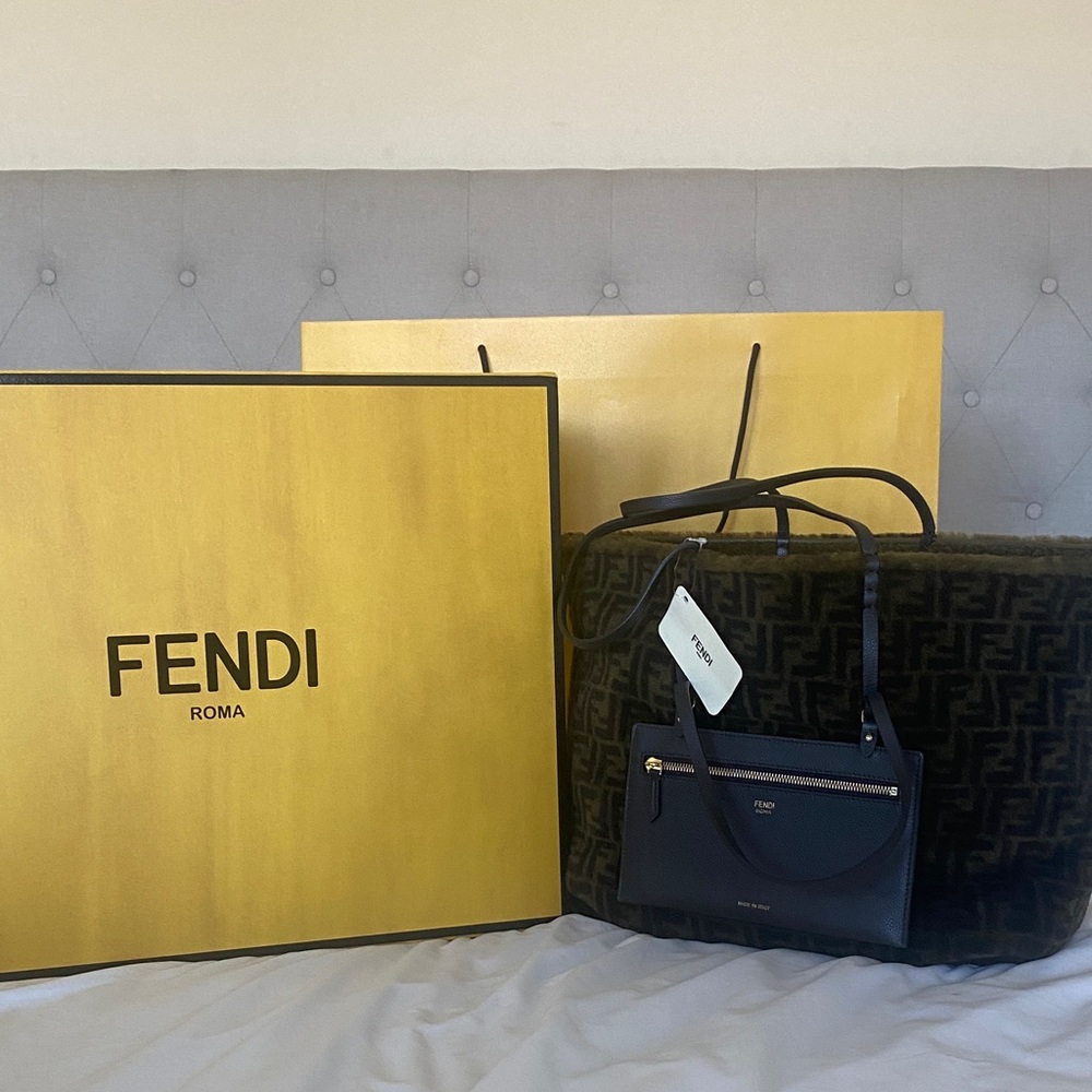 Fendi Olive Shearling Tote with Brown Pouch Limited Edition
